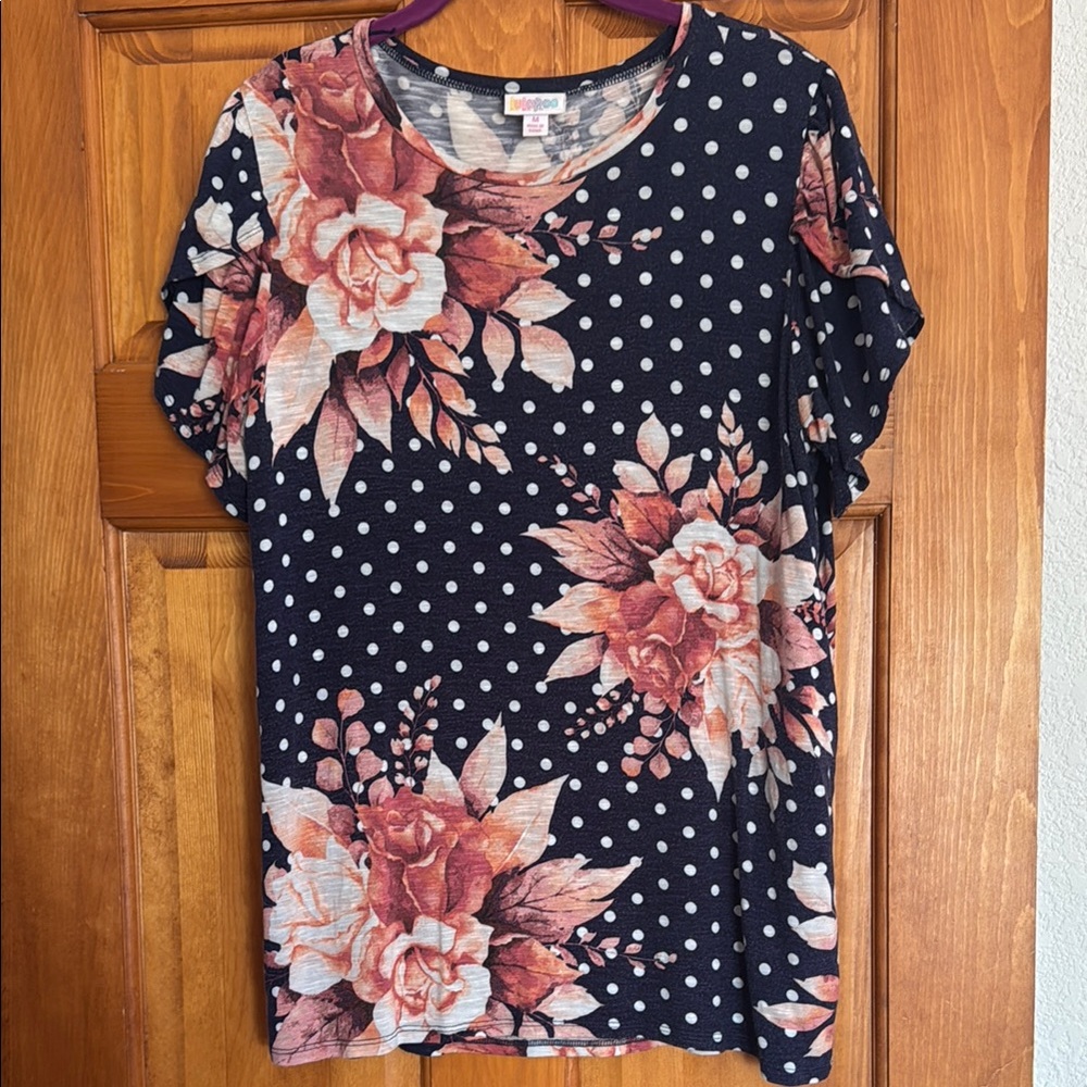 LuLaRue Olive top with tulip sleeves gorgeous polka dot floral print - Medium